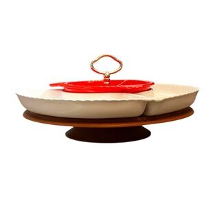 Vintage California USA Pottery White/Orange Lazy Susan Wood Base Chip-n-Dip Tray